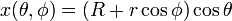 x(\theta, \phi) = (R + r \cos \phi) \cos{\theta} \,