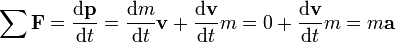 \ \sum{\mathbf{F}} = {\mathrm{d}\mathbf{p} \over \mathrm{d}t} = {\mathrm{d}m \over \mathrm{d}t}\mathbf{v}+ {\mathrm{d}\mathbf{v} \over \mathrm{d}t}m=0+ {\mathrm{d}\mathbf{v} \over \mathrm{d}t}m = m\mathbf{a}