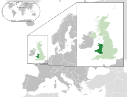 Location of Wales (dark green)– in Europe (green & dark grey)– in United Kingdom (green)
