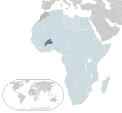 Location of &nbsp;Burkina Faso&nbsp;&nbsp;(dark blue)&ndash;&nbsp;in Africa&nbsp;&nbsp;(light blue &&nbsp;dark grey)&ndash;&nbsp;in the African Union&nbsp;&nbsp;(light blue)&nbsp; &mdash;&nbsp; [Legend]