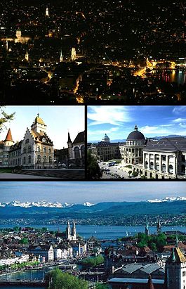 Zurich - Top: Night view of Zurich from &Uuml;etliberg, Middle left: National Museum, Middle right: Swiss Federal Institute of Technology, Bottom: View over Zurich and the lake.