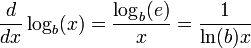 \frac{d}{dx}\log_b(x) = \frac{\log_b(e)}{x} =\frac{1}{\ln(b)x}