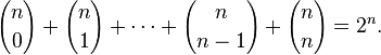 {n \choose 0} + {n \choose 1} + \cdots +{n \choose n-1} + {n \choose n} = 2^n.