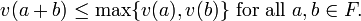 v(a + b) \le \mathrm{max}\{v(a), v(b)\} \text{ for all } a, b \in F.
