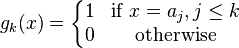 g_k(x) = \left\{\begin{matrix} 1 & \mbox{if } x = a_j, j\leq k \\ 0 & \mbox{otherwise} \end{matrix} \right.