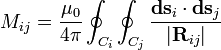 M_{ij} = \frac{\mu_0}{4\pi} \oint_{C_i}\oint_{C_j} \frac{\mathbf{ds}_i\cdot\mathbf{ds}_j}{|\mathbf{R}_{ij}|}