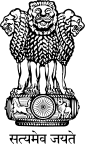 Three lions facing left, right, and toward viewer, atop a frieze containing a galloping horse, a 24-spoke wheel, and an elephant. Underneath is a motto:
