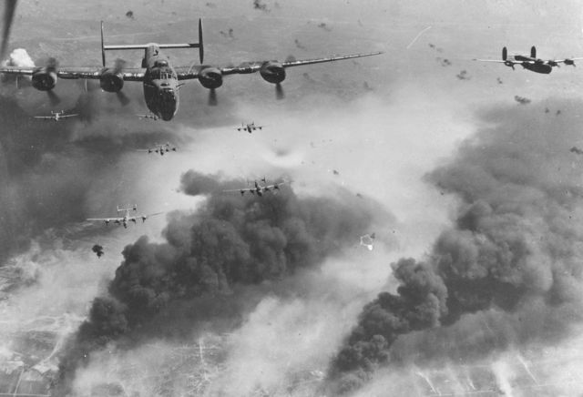 File:B-24D's fly over Polesti during World War II.jpg