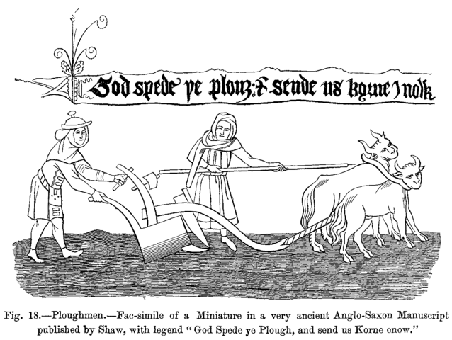 File:Ploughmen Fac simile of a Miniature in a very ancient Anglo Saxon Manuscript published by Shaw with legend God Spede ye Plough and send us Korne enow.png