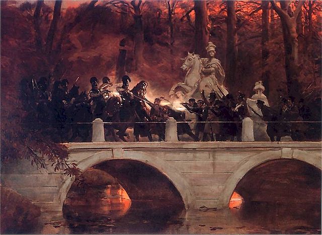 File:Starcie belwederczykow z kirasjerami rosyjskimi na moscie w Lazienkach.jpg