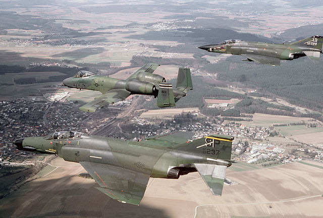 File:F-4G A-10A RF-4C USAFE in flight 1987.JPEG