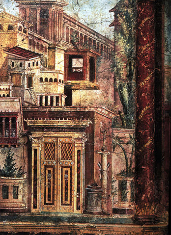 File:Altr&ouml;mische Wandmalerei in der Villa of P. Fannius Synistor, Wandmalerei-Detail nach B&uuml;hnenmanie, Boscoreale, Campaia.jpg
