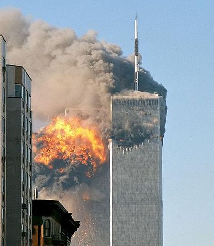 File:North face south tower after plane strike 9-11.jpg