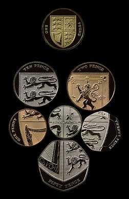 All frequently used coins except the &pound;2 coin (coins shown are those after the extensive 2008 redesign)