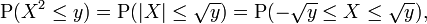 \operatorname{P}(X^2 \le y) = \operatorname{P}(|X| \le \sqrt{y})
= \operatorname{P}(-\sqrt{y} \le X \le \sqrt{y}),
