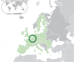 Location of &nbsp;Luxembourg&nbsp;&nbsp;(dark green)&ndash;&nbsp;in Europe&nbsp;&nbsp;(green &&nbsp;dark grey)&ndash;&nbsp;in the European Union&nbsp;&nbsp;(green)&nbsp; &mdash;&nbsp; [Legend]