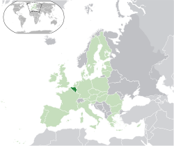 Location of &nbsp;Belgium&nbsp;&nbsp;(dark green)&ndash;&nbsp;in Europe&nbsp;&nbsp;(green &&nbsp;dark grey)&ndash;&nbsp;in the European Union&nbsp;&nbsp;(green)&nbsp; &mdash;&nbsp; [Legend]