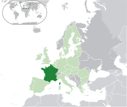Location of &nbsp;Metropolitan France&nbsp;&nbsp;(dark green)&ndash;&nbsp;in Europe&nbsp;&nbsp;(green &&nbsp;dark grey)&ndash;&nbsp;in the European Union&nbsp;&nbsp;(green)&nbsp; &mdash;&nbsp; [Legend]